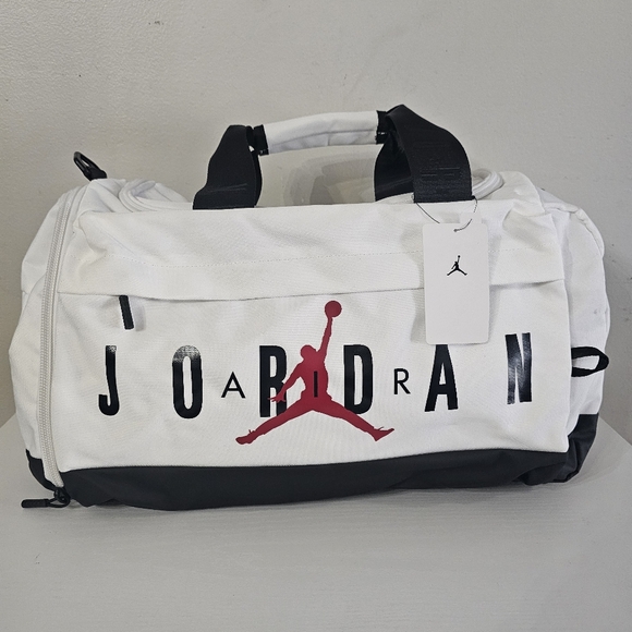 Nike Jordan Air White and Black Velocity Duffel Bag with Red Logo ~ Small
